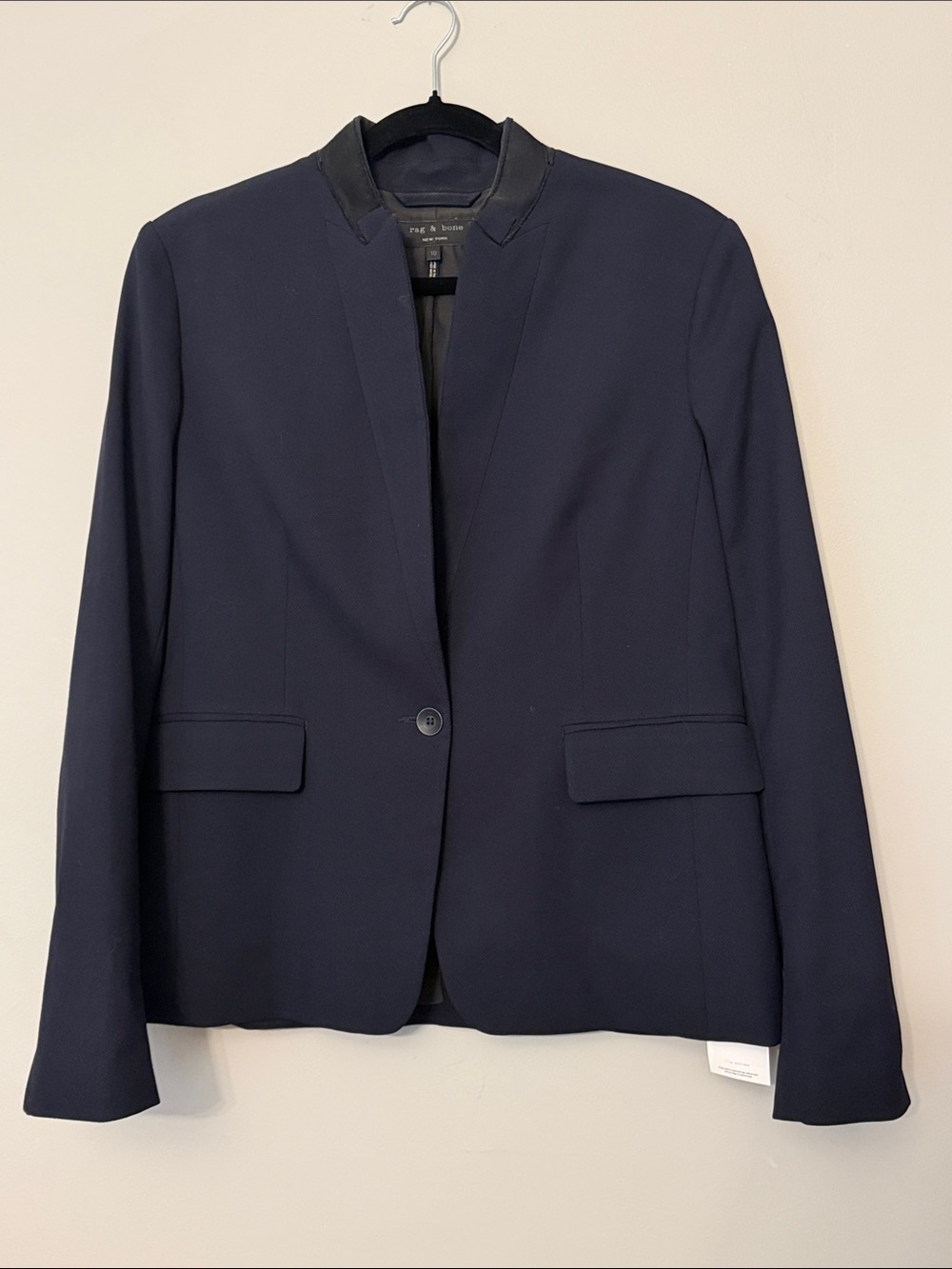 Rag & Bone Navy SingleButton Blazer Black Leather Trim 10 Tailored Career Jacket